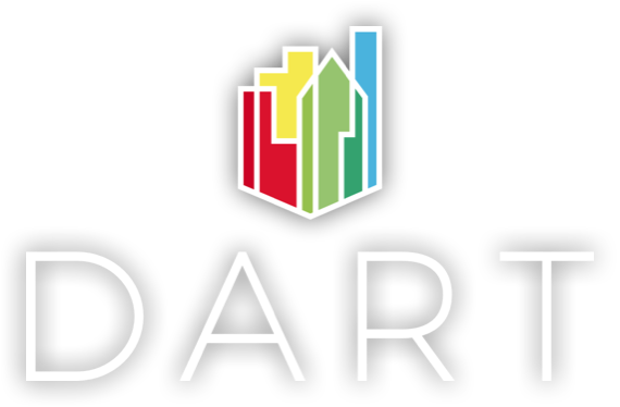 DART logo designed by Tann Westlake, with a colourful architectural symbol above a white wordmark