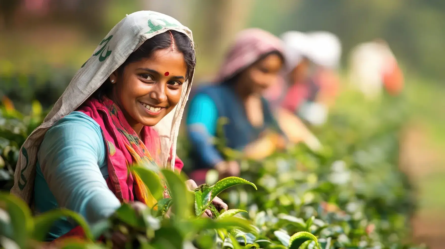 Tea picker harvesting fresh leaves with other workers in a tea plantation