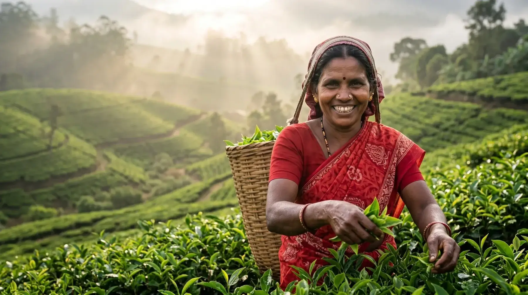 Tea picker gathering fresh leaves in a sunlit tea plantation