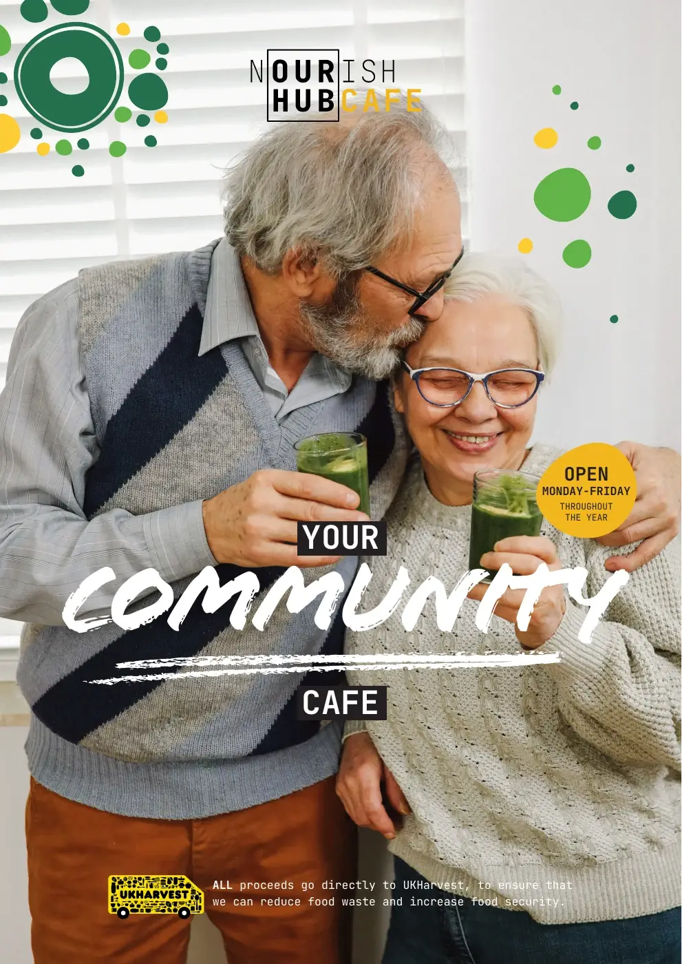 UK Harvest Nourish Hub Cafe A3 poster: Couple enjoying drinks together at the Nourish Hub Cafe