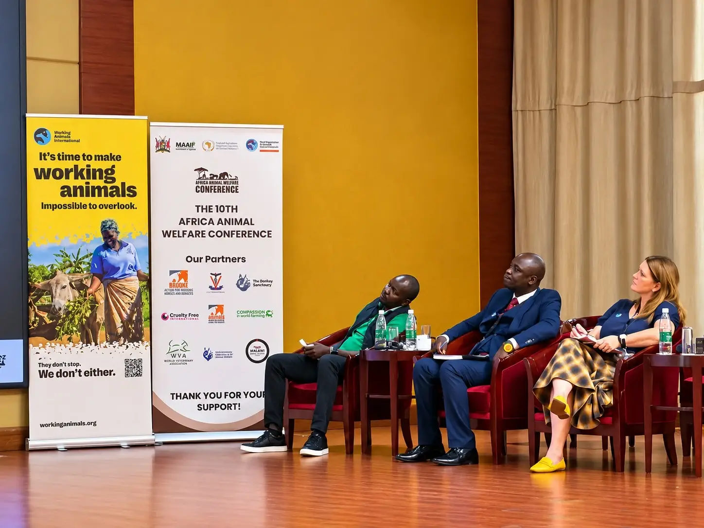 Working Animals International banner designed by Tann Westlake beside a panel at the Africa Animal Welfare Conference in Zambia